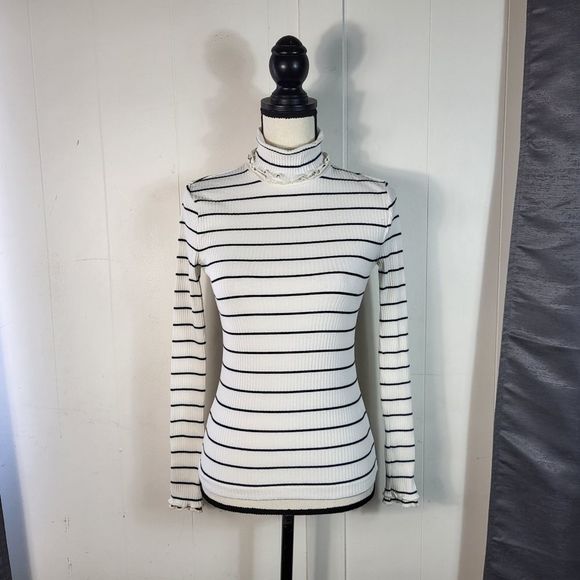 JCREW White Black Ribbed Striped Thin Turtleneck Sweater Size XXSmall - Picture 2 of 5